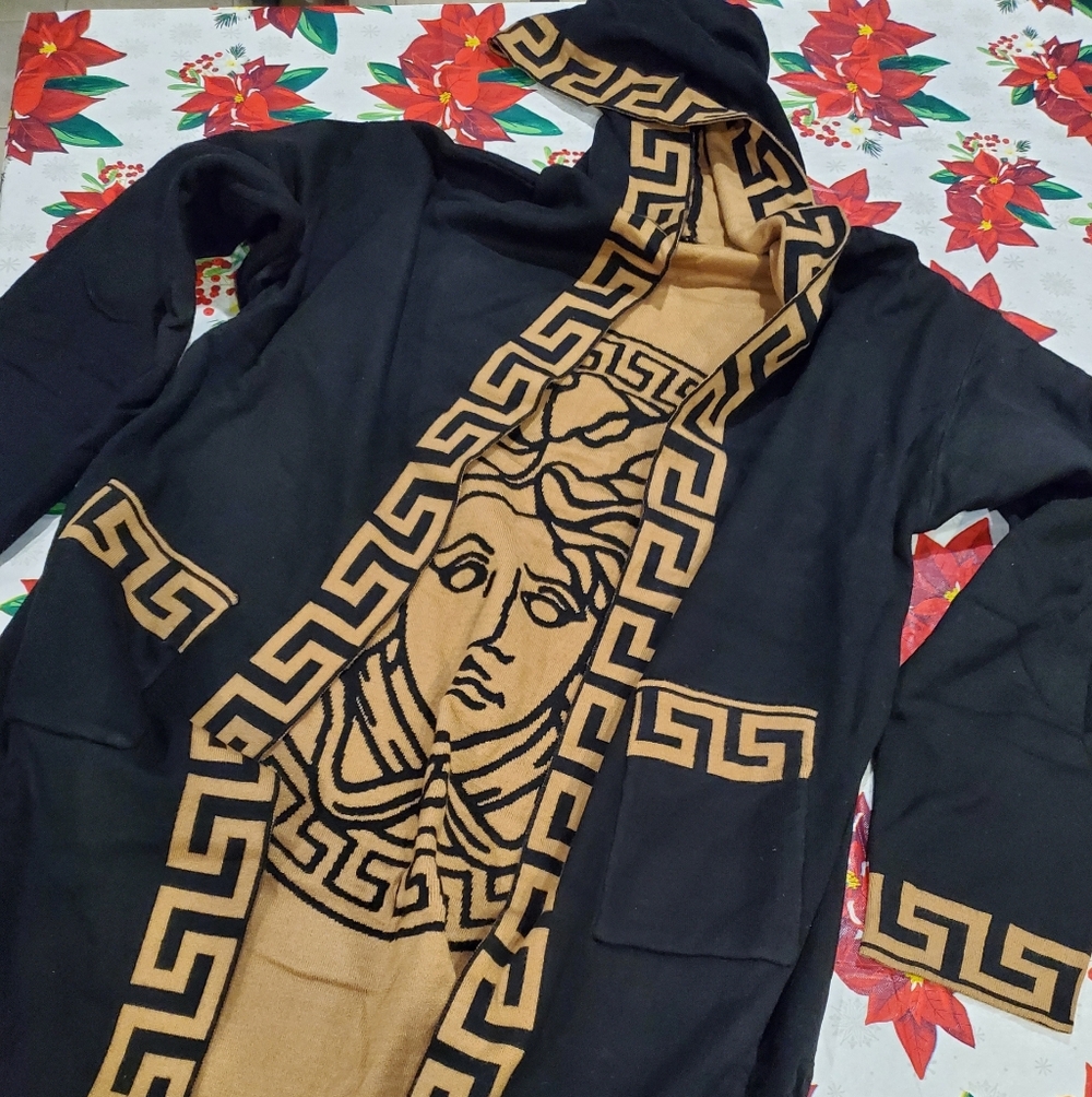 Black and Tan Hooded Long Sweater with Greek Key Design With Hood Medusa Head